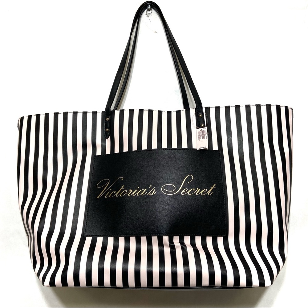 VICTORIA SECRET PINK BLACK STRIPED SIGNATURE LARGE TOTE